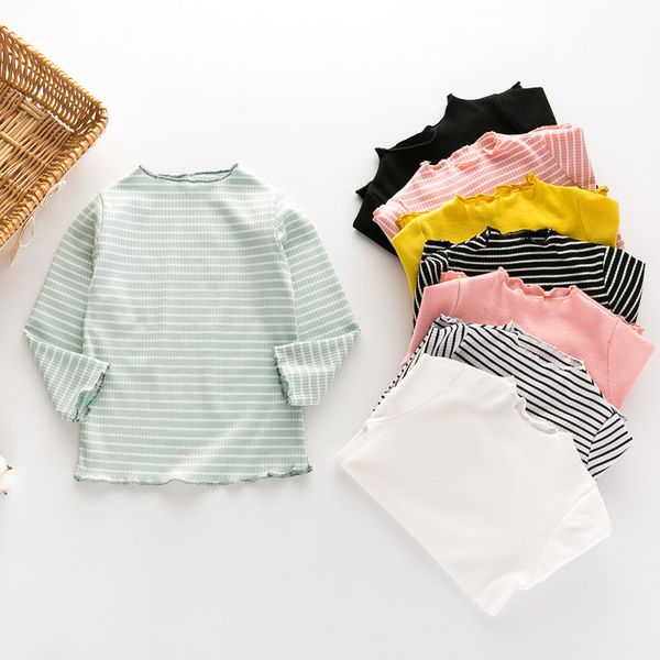new autumn winter long sleeves girls bottom shirt candy color wild t-shirt striped solid cotton kids comfortable tees, Blue